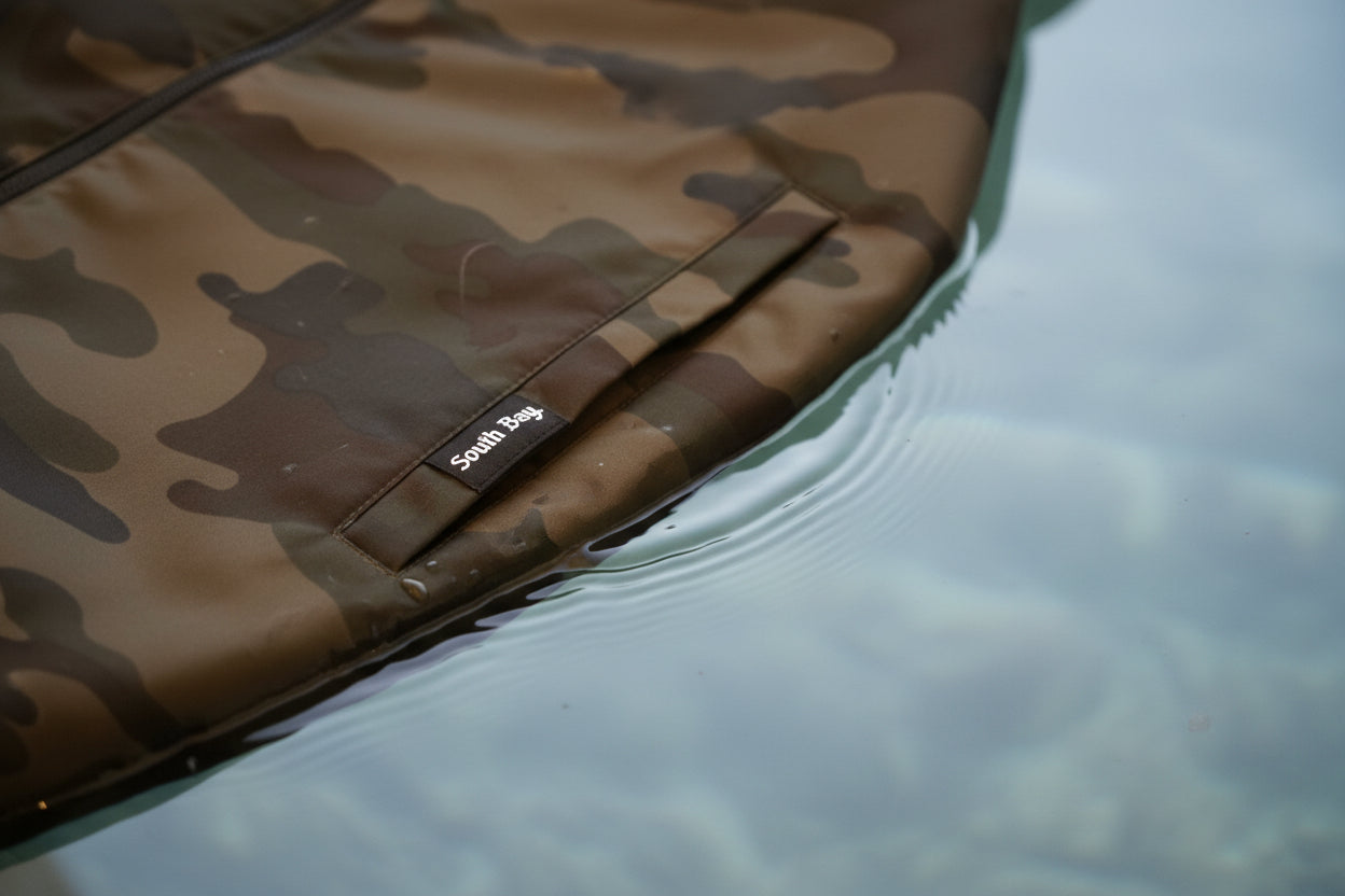 Camouflage-patterned bag with a visible brand label on a textured surface.