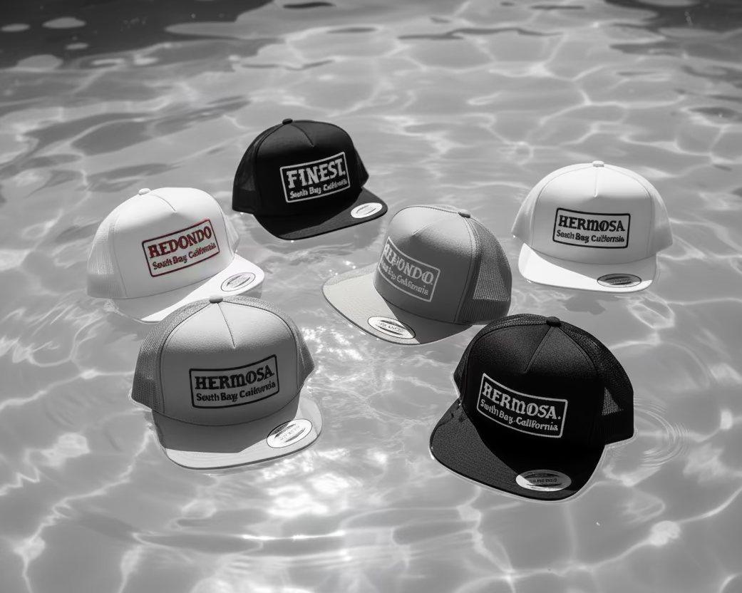 Collection of branded caps floating in water